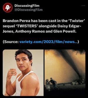 Brandon Perea Instagram - If you wanna see me look at the sky again, watch “Twisters” in theaters July 19, 2024 🌪️🫡 

#TGBTG 🙏🏽🙌🏽