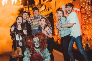 Brett Dier Instagram - HAPPY HALLOWEEN EVERYONE MY FAVORITE TIME OF YEAR!! @horrornights @unistudios #universalhhn ... glad I got to wear one of my fav masks with some of my fav people ever @caitcarv @haleyluhoo @mikemo @keeoone  @ali_collier