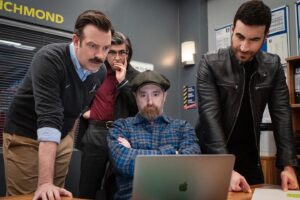 Brett Goldstein Instagram - Ted Lasso Episode 4 is out now on @AppleTVPlus and I had the honour of writing this one. No spoilers but judging by these pics, Roy, Ted and Beard take a bus, Trent shows the boys a video of a tiny cat chasing a giant dog and the team play a super tense game of Freeze. It’s a big one! (Special shout out to @julialindon for getting her first joke on TV and it’s a cracker.)