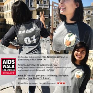 Bridgette Dunning Instagram - TOMORROW • OCT 23 • I will be at Aids Walk LA! We will be raffling 3 Team Bridgette T-shirts: $1 donation = 1 raffle entry. Hope to see you there! 
@aidswalkla ❤️️❤️️❤️️ la.aidswalk.net/teambridgette