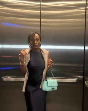 Brooke Thomas Instagram - A lil light early bday lunch fit ;)

Dress: @andotherstories 
Cashmere: @bananarepublic 
Bag: @tiffanyandco x @fendi collab
Earrings: passed down from my mom 🤎