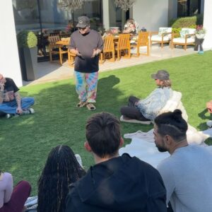 Bryant Wood Instagram - @directedbystro & @jessedueck requested that I visit and lead an activation for his influencer collaboration day.  A 10-minute meditation session can significantly improve the group’s overall connection and mental health. Take care of your people. 🤍
📸: @brah_itseric