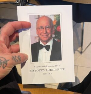 Calum Best Instagram - Was an honour to attend Sir Bobby Charltons funeral service at Manchester Cathedral followed by his wake at Old Trafford 🤝

Thank you to his family and @manchesterunited for inviting me .

Besides a beautiful send off it really touched me and hit home the magnitude of what him and his team mates including bestie created and the legacy they are leaving behind .
I’m so grateful for the connections I have with United and all that are associated with it, so grateful and full of pride that my old man left me in this position and all that him and his team mates did which allows me to be part of this and I will continue on representing the name and our values the best I can with pride and class 🤝