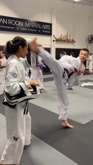 Carl Van Roon Instagram - New Zealand Champion James Shinkarenko with the flow from Orthodox to Southpaw #vanroonmartialarts #taekwondo #kickboxing #mma #karate #spinninghookkick #reverseturningkick