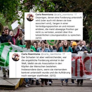 Carla Reemtsma Instagram - Die Klimakrise zu bekämpfen, heißt oft auch, gegen Mythen, falsche Erzählungen und Strohmannargumente kämpfen. Das macht oft müde. Aber in Zeiten, in denen die Klimablockierer den gesellschaftlichen Rückhalt für Klimagerechtigkeit zu spüren bekommen und keine anderen Argumente mehr finden, ist es unverzichtbar. 
Genauso, wie es unverzichtbar ist – gerade in Wahlkampfzeiten – immer und immer wieder, die Forderung nach einer klimagerechten Gesellschaft laut auf die Straßen zu tragen. Kommt dazu ✊