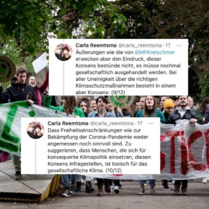 Carla Reemtsma Instagram - Die Klimakrise zu bekämpfen, heißt oft auch, gegen Mythen, falsche Erzählungen und Strohmannargumente kämpfen. Das macht oft müde. Aber in Zeiten, in denen die Klimablockierer den gesellschaftlichen Rückhalt für Klimagerechtigkeit zu spüren bekommen und keine anderen Argumente mehr finden, ist es unverzichtbar. 
Genauso, wie es unverzichtbar ist – gerade in Wahlkampfzeiten – immer und immer wieder, die Forderung nach einer klimagerechten Gesellschaft laut auf die Straßen zu tragen. Kommt dazu ✊