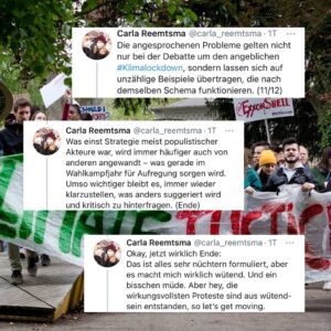 Carla Reemtsma Instagram - Die Klimakrise zu bekämpfen, heißt oft auch, gegen Mythen, falsche Erzählungen und Strohmannargumente kämpfen. Das macht oft müde. Aber in Zeiten, in denen die Klimablockierer den gesellschaftlichen Rückhalt für Klimagerechtigkeit zu spüren bekommen und keine anderen Argumente mehr finden, ist es unverzichtbar. 
Genauso, wie es unverzichtbar ist – gerade in Wahlkampfzeiten – immer und immer wieder, die Forderung nach einer klimagerechten Gesellschaft laut auf die Straßen zu tragen. Kommt dazu ✊
