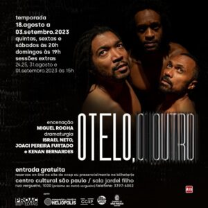 Carlos de Niggro Instagram - Olá, galera. Tudo bem?
Estou em cartaz no @ccspoficial 
De quinta a sábado às 20:00hs e domingos às 19hs. Ingressos gratuitos.
Esperamos vocês!
FICHA TÉCNICA 
Concepção e produção geral: Kenan Bernardes
Dramaturgia: Israel Neto, Joaci Pereira Furtado e Kenan Bernardes 
Encenação: Miguel Rocha 
Elenco: Carlos de Niggro , Jefferson Matias e Kenan Bernardes
Designer de som e difusão sonora: João Paulo Nascimento 
Consultoria idiomática: Hamza Abdul Karim
Direção e pesquisa de movimento e atuação: Erika Moura
Desenho de luz: Wagner Pinto
Produção de luz: Carina Tavares
Assistência de iluminação: Gabriel Greghi e Gabriela Cezário
Operação de luz: Vinícius Andrade
Cenografia: Julio Dojcsar 
Serralheiro: Fernado Lemos “Zito”
Figurinista: Silvana Marcondes
Costura: Atelier Judite de Lima
Orientação teórica da pesquisa: Deivison Nkosi
Fotografia: Julieta Bacchin 
Arte gráfica: Murilo Thaveira 
Assessoria de imprensa: Verbena Comunicação
Produção executiva e contabilidade: Jussara Mendes 
***
Serviço
Espetáculo: Otelo, O Outro
Temporada: 18 de agosto a 3 de setembro de 2023
Horários: quinta a sábado, às 20h00, e domingo, às 19h00
Sessões vespertinas : dias 24/8, 25/8, 31/8 e 1/9, às 15h00
Duração: 120 min. Classificação: 16 anos. Gênero: Drama
Agendamentos para escolas: okaproducaoo@gmail.com ou (11) 954673874 
Centro Cultural São Paulo
Sala Jardel Filho 
Rua Vergueiro, 1000 – Paraíso. São Paulo/SP.
Tel.: (11) 3397-4023. https://centrocultural.sp.gov.br/
#carlosdeniggro #centroculturalvergueiro #oteloooutro #teatropreto #teatro #cultura #preto #pretosnotopo #pretonotopo
@kenanbernardes 
@je.matias.pira 
@miguelrocha.teatro