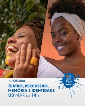 Cássia Valle Instagram - Imagina uma oficina que junte teatro, percussão, memória e identidade, em celebração ao 8 de março e à luta das mulheres! Pois na #CAIXACulturalSalvador tem! Venha se divertir e se capacitar com a gente, neste domingo (3), das 14h às 17h.

A atividade se baseia em conhecimentos de percussão, teatro, museologia, artes visuais e música, visando uma análise de como se deu a construção da memória e identidade do povo. A oficina terá desenvolvimento teórico e prático e será ministrada por @cassiavallereal e @lucilalaura_.

Indicada preferencialmente para mulheres e com classificação de 16 anos. Inscrições gratuitas, através do Site CAIXA Cultural – Unidades – Salvador (link na bio).

#GenteArteira #CAIXACultural

#PraTodosVerem
Imagem em dois quadrados retrata as oficineiras. Elas são mulheres negras e estão sorridentes nas fotos.