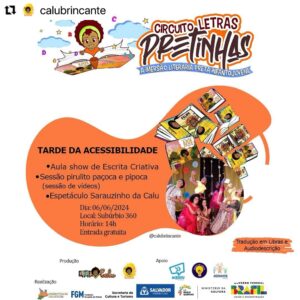 Cássia Valle Instagram - #Repost @calubrincante with @use.repost
・・・
Nosso circuito é tão especial que resolvemos preparar um bônus para todas as instuições que passamos e mais algumas que foram convidadas com muito carinho.

Será a TARDE DA ACESSIBILIDADE, com sessão de vídeos, aula show e apresentação do premiado espetáculo Sarauzinho da Calu!! 💛✨

📍 Subúrbio 360° (@suburbio360)
🗓️ 06/06 - 14h

Circuito Letras Pretinhas passeando pelo Subúrbio de Salvador!! 👣📚🎭🎶

O projeto Circuito Letras Pretinhas: A imersão literária preta infantojuvenil, foi contemplado pelo edital Territórios Criativos, com recursos financeiros da Fundação Gregório de Mattos, Secretaria Municipal de Cultura e Turismo, Prefeitura de Salvador e da Lei Paulo Gustavo, Ministério da Cultura, Governo Federal.

FGM (@fgmoficial), Secretaria Municipal de Cultura e Turismo (@secultsalvador), Prefeitura de Salvador (@prefsalvador) e Ministério da Cultura (@minc)

#fgm #secultsalvador #prefsalvador #Salvador #arte #cultura #linguagensartisticas #patrimoniocultural #patrimôniocultural #MinC #ministeriodacultura #governofederal