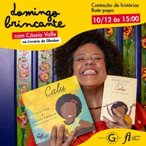 Cássia Valle Instagram - 🎉📙 Domingo Brincante com Cássia Valle na Livraria do Glauber!

Neste domingo (10/12), às 15:00, esperamos vocês para uma programação lúdica junto aos pequenos. A autora Cássia Valle comemora 07 anos do livro "Calu: Uma menina cheia de histórias" com uma contação de histórias da Calu para as crianças e um bate-papo com a autora sobre seu processo criativo para o livro com para os pais e demais adultos do público.

O evento é aberto e gratuito. No local, será vendido livro "Calu: Uma menina cheia de histórias", que conta com belíssimas ilustrações, além de “Aziza, a preciosa contadora de sonhos”, outro título da autora Cássia Valle, escrito junto a Luciana Palmeira. 

📚 Em "Calu: Uma menina cheia de histórias", Calu procura uma forma de transformar o bairro em que mora em um museu a céu aberto. Já “Aziza, a preciosa contadora de sonhos”, estampa a face melaninada das crianças cujas raízes familiares conquistaram, através dos contos, a força necessária para não serem derrotadas pelo preconceito.
 
__

A Livraria do Glauber é patrocinada pelo Instituto Flávia Abubakir (@institutoflaviaabubakir).