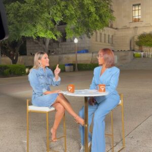 Cassie DiLaura Instagram - my cup (or @texaslonghorns mug) runneth over 💙 started the week in austin making live tv with @gayleking and @cbsmornings before the sun was even up and then popped over to vegas for a casual @entertainmenttonight exclusive interview that made a little splash 🤭 ending the week with the most grateful heart 🤍 

(also super grateful for whatever setting spray @annettamcbain used for my red carpet glam that lasted through 6am 🫣) 

ready to usher in a new week with more fun adventures I’m so excited about… ready set go! ✈️🤠

💙 dress @bayeas
💙 heels @schutz 
💙 glow @dolceglow