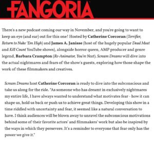 Catherine Corcoran Instagram - If you haven’t already, make sure to catch Scream Dreams in @Fangoria! A special thanks to @horrorgirlprobs and @philnobile for premiering our hair-raising Teaser. Get ready for a hauntingly good time as we extend Spooky Season well into November! 😱🛏️

#podcast #spookyseason #horrorpodcast #fangoria #podcastaddict 

A @film_amp Production