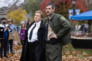Catherine Curtin Instagram - “What a puzzlebox is this…” 🚔 

@catecurtin is Commissioner Judith Peterson and @adamweppler is Deputy Finn Miller in #FoundersDay 🇺🇸🩸Only in theaters 1.19.24.