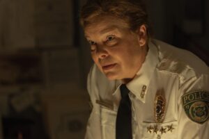 Catherine Curtin Instagram - “What a puzzlebox is this…” 🚔 

@catecurtin is Commissioner Judith Peterson and @adamweppler is Deputy Finn Miller in #FoundersDay 🇺🇸🩸Only in theaters 1.19.24.