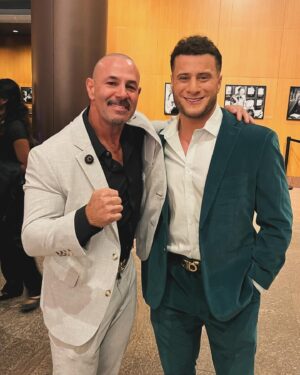 Chavo Guerrero Jr. Instagram - After the @a24 @ironclawmovie red carpet with my bro & Wrestling Superstar & EP & my costar on the film @the_mjf #guerreostunts #guerrerowrestling #a24 #ironclawmovie 
Suit by @stateandliberty 
Shirt by @7diamonds 
Shoes be @johnstonmurphy 
Watch by @garmingolf