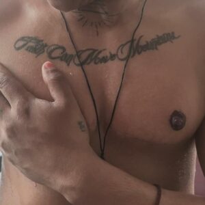Chella Man Instagram - This is Nefe.

We were meant to meet. A few months ago, we created a pocket of home together.

When he spoke of the safety he felt here, his hands instinctively held the right side of his chest - an area finally free.

What does home feel like?
An area finally free, he echoed.

Designing a reminder of the safety he built, the safety we were both familiar with building — ourselves — was inevitable.

For initial sketches, I asked him yet again, to hold himself. Tracing the trajectory of his fingers, I etched a roof for his home. 

The foundation of this home, of safety, of this tattoo is upheld by the very scars that freed him.