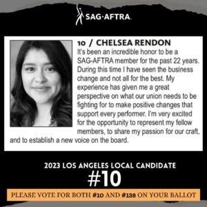 Chelsea Rendon Instagram - To my fellow Sag-Aftra members please VOTE for me to be a Sag-Aftra LA Local Board Member and a Convention Delegate. 

Those of you that know me know how much I care about our business and fighting for what we deserve. 

#sagaftra #sagaftramember #sagaftrastrong #election #vote 

Edit by @claudiaramosdesigns