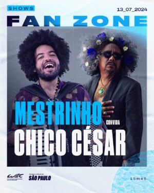 Chico César Instagram - Mestrinho, acompanhado de sua super banda, apresenta o show “Eu e Você” na Rolex 6 Horas de São Paulo e recebe o convidado especial Chico César. ✨

O repertório promete clássicos do forró, releituras de grandes sucessos e canções autorais, além de hits da MPB. E a participação de Chico César garante ainda mais emoção com seus maiores sucessos. 🤩

Não perca essa explosão de alegria e energia nesse show que vai fazer todo mundo dançar! 💃🏻🕺

Últimos ingressos disponíveis na bio. 🎟️✨

#WEC #6HSaoPaulo #Mestrinho #ChicoCesar