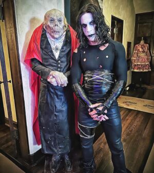 Chris Daughtry Instagram - Halloween is my favorite holiday. I love dressing up and I take it very seriously. Haha! 
This year was by far my favorite. 
Was a lot of fun trying to recreate the great incomparable @brandonlee classic look as Eric Draven from #thecrow … my favorite movie of all time. The costume and makeup were all done by me. I went for every detail… all the way down to the scar across the nose. Although in hindsight I forgot the necklace with the engagement ring. 🤦‍♂️
And @deanna.daughtry went as the actual crow… the source of all my power. Obviously. More pics from the costume party we attended last night to follow… 
#halloween #ericdraven #thecrow #jamesobarr