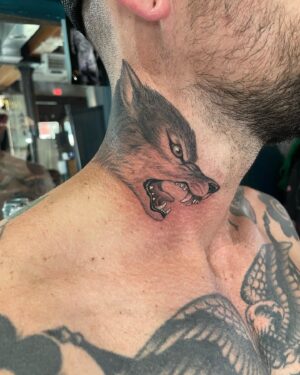 Chris Garver Instagram - Did the other side of Cole’s neck today. Haven’t done a wolf head tattoo in awhile and it was good time for sure.
#wolf  #wolves #wolftattoo #wolftattoos #imchanging