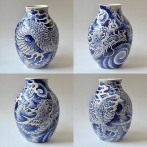 Chris Garver Instagram - New dragon vase that I had to make to replace one that was broken in the mail. I think I will have to learn kintsugi to repair the old one.
#blueaesthetic  #blueandwhitedecor  #blueandwhitehome  #cobaltblue  #ceramicart  #blueandwhiteporcelain