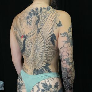Chris Garver Instagram - Crane backpiece for Lexxy.
#cranetattoo  #backpiecetattoo