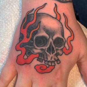 Chris Garver Instagram - Flaming skulls are always on the menu.
#skulltattoo #skulltattoos  #tattoo #thesolidink  #nyctattooartist  #nyctattoo #oneshottattoo  #tattoonyc