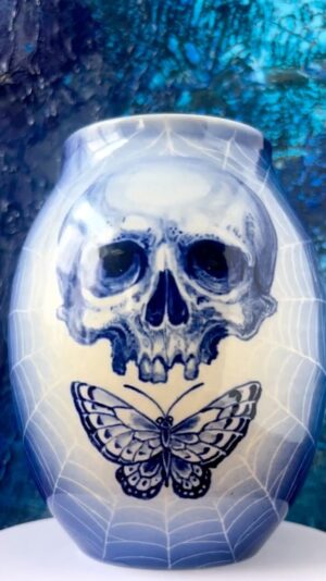 Chris Garver Instagram - trying to put all my skills together.

#blueandwhitedecor  #blueandwhitehome  #porcelainpainting #cobaltblue  #captured  #web #skull #butterfly #ceramicart  #ceramics #ceramic