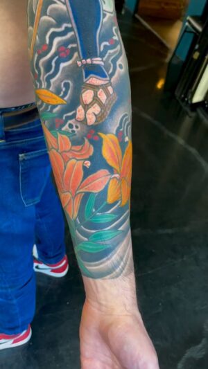 Chris Garver Instagram - Finished up the sleeve of Musashi the famous swordsman and author of the Book of Five Rings.

#musahi #samurai #budo #duel #sleevetattoo