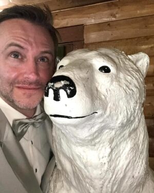 Chris Hardwick Instagram - Had an amazing Oscar date night at the @ejaf viewing party with my wonderful wife @lydiahearst! I loved my snazzy @canali tux and the @manoloblahnik shoes were pretty epic too. Included a photo with Keith, my polar bear friend who rightly pointed out that my bow tie WAS, in fact, made from the same fabric as my suit. Good eye, Keith!

Styling: Jenny Ricker
Tailoring: Franco Martinez 
Photos: Frazier Harrison & Michael Kovac for @gettyimages