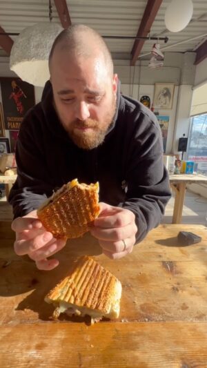 Christian Petroni Instagram - a simple & satisfying panini with my pops
 pickled eggplant, provolone, 
spicy soppressata & Calabrian chili