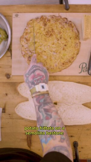 Christian Petroni Instagram - *potato & eggs, Sicilian long hots, 
parm on a semolina bastone @petronifoods