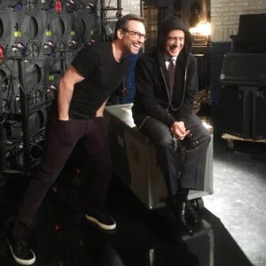 Christian Slater Instagram - Having fun ahead of tonight's @colbertlateshow! Watch us at 11:35/10:35c on #cbs