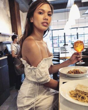 Christine Allado Instagram - Post audition pig out at @pingpongdimsumuk and here at @bancone.pasta 🐖🐷
Thanks @rosalienelson for the dress! 🤞