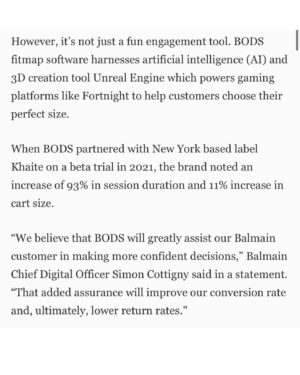 Christine Marzano Instagram - Beyond excited that @bods_inc and our partnership with @balmain was covered by @forbes in a wonderful article by @stiffyhm Highlighting that technologies like BODS create not only commercial value for retail brands, but are an environmental solution for them as well! Thank you so much to my incredible BODS team and everyone who made this possible. #digitalfashion #ue5 #fittech #retailtech #ecommerce #virtualtryon #femalefounder ##3dgarment #yourbod