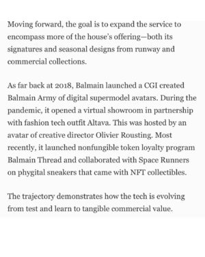 Christine Marzano Instagram - Beyond excited that @bods_inc and our partnership with @balmain was covered by @forbes in a wonderful article by @stiffyhm Highlighting that technologies like BODS create not only commercial value for retail brands, but are an environmental solution for them as well! Thank you so much to my incredible BODS team and everyone who made this possible. #digitalfashion #ue5 #fittech #retailtech #ecommerce #virtualtryon #femalefounder ##3dgarment #yourbod