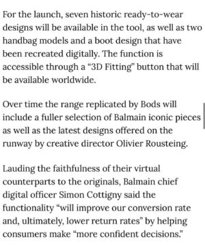 Christine Marzano Instagram - You can now check out our newest @bods_inc partnership with @balmain Use your BOD to find your correct size and to style great Balmain looks. We guarantee whatever you buy, will fit, and you will want to keep it rather than return!  Save your BOD for future sessions as we continue to roll out across other exciting fashion brand e-commerce. #ecommerce #returns #fashiontech #sustainablefashion