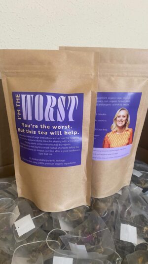 Claire Hooper Instagram - My tea arrived just in time!
I’ll be giving a pack to my esteemed guests @_jennytian and @reubenkayeofficial at the live podcast tomorrow at 4.15pm at the town hall! 
It smells good. Like absolution for all my sins. Just what a busy comedian needs. 
You can buy a pack for yourself tomorrow at the show. $15 a pack, which, honestly, barely covers my costs. Cash only because I’m The Worst. Tickets via link in bio