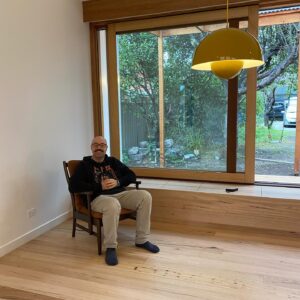 Claire Hooper Instagram - For the literally hundreds of people who’ve asked for a picture, here is the chair I re-covered, and here is good friend Xavier Michelides using the chair.