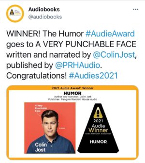 Colin Jost Instagram - Whoa. I just won an Audie for best audiobook (humor). Not only was I honored just to be nominated, I was honored that they classified it as humor. You never know. Plus one of my favorite writers @davidsedarisbooks announced the winner and one of my favorite novelists Jennifer Egan was a judge. I’m really grateful to everyone who listened to the book and voted. This might be the first individual award I’ve won since Least Improved Swimmer 1998 

#audies2021