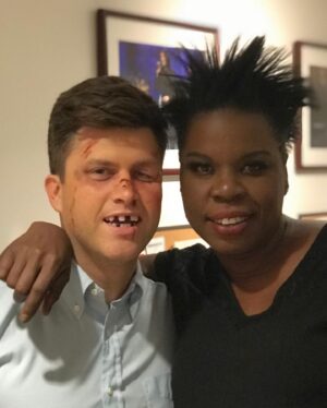 Colin Jost Instagram - I never really post anything on social media because I’m self-conscious/repressed about it, but I really wanted to say an SNL goodbye to Leslie Jones, and I mostly wanted to say thank you.

I don’t know if I would have survived my first year on Update without Leslie. I was extremely nervous and awkward and she was extremely confident and funny and knew who she was. And she made me (and our whole show) a lot better.

Even though she has wanted to hit me in the face many times (as shown in pic #3), she has also been kind and generous and given me many birthday presents (all photos of her). And more than anything else, she’s been funny. Chris Rock knew that when he recommended her to Lorne six years ago and now all of America knows it.

I miss you Leslie and I hope you come back on Update anytime you want, you... scrumptious, chocolate... nope it doesn’t work the other way.

Love,
Colin
