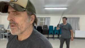 Con O'Neill Instagram - And when it goes wrong ! @eldredd_wolf 
#ofmd #swordplay #rehersals #izzyhands