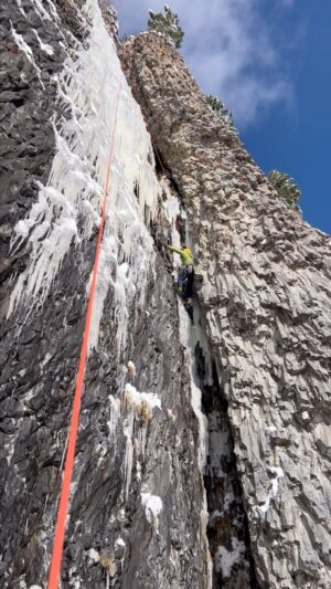 Conrad Anker Instagram - First day out.  29 October '23. "Thrill is Gone", Hyalite MT. Sweet chimney to a relaxed flow with traditional protection. First ascent by Jack Tackle. The essential part of the Unnamed Trifecta - Come and Get It and Black Magic the fellow 3 star mixed routes.The 72 hour storm and cold snap delivers! 
Wonderful climbing with @petetapley and @mt_apple, catching up with people on the trail and the @montanaalpineguides family - Sam & Genevieve Magro and the three wee ones.  Two topple over trees with the handy @silky_saws made for good trail fun. @thenorthface @yeti @smartwool @petzl_official

Photographs & video courtesy of Pete and Josh. @iceclimbing ❄️🫶🏼