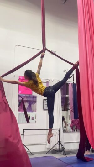 Cortney Palm Instagram - Learning new skills from the outstanding coach Barrie at @vertifitaerial thanks to @justin.aerial for the vid! 
.
.
.
.
.
#aerialarts #aerialsilks #silks #circus #arts #performingarts #veganathlete starry night pants are second-hand from @fabletics #fabletics  #veganwitch shirt from @woodlandfactory via @etsy