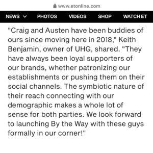 Craig Conover Instagram - Oh… & BTW… 🔉

We’re thrilled to announce our newest partnership with buddies @krollthewarriorking & @caconover! After years of friendship with the @bravosoutherncharm vets, it only made sense to join forces! 🤝

With a shared loved of Charleston & the hospitality biz, partnering on an elevated local tavern right off of King St. seemed like an absolute NO BRAINER. 

We can’t wait to bring you updates on our newest concept as it continues to unfold! 

#BTW #ByTheWay