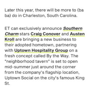 Craig Conover Instagram - Oh… & BTW… 🔉

We’re thrilled to announce our newest partnership with buddies @krollthewarriorking & @caconover! After years of friendship with the @bravosoutherncharm vets, it only made sense to join forces! 🤝

With a shared loved of Charleston & the hospitality biz, partnering on an elevated local tavern right off of King St. seemed like an absolute NO BRAINER. 

We can’t wait to bring you updates on our newest concept as it continues to unfold! 

#BTW #ByTheWay