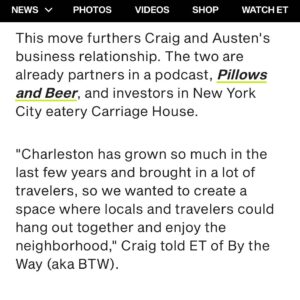 Craig Conover Instagram - Oh… & BTW… 🔉

We’re thrilled to announce our newest partnership with buddies @krollthewarriorking & @caconover! After years of friendship with the @bravosoutherncharm vets, it only made sense to join forces! 🤝

With a shared loved of Charleston & the hospitality biz, partnering on an elevated local tavern right off of King St. seemed like an absolute NO BRAINER. 

We can’t wait to bring you updates on our newest concept as it continues to unfold! 

#BTW #ByTheWay
