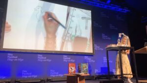 Cressida Cowell Instagram - A little speeded up video of drawing Toothless in the @hayfestival event…
I seem to be TALKING a lot while drawing…
Amazing I got it done at all, frankly
#notetoself
#lesstalkingmoredrawing