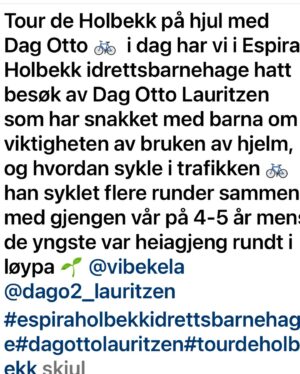 Dag Otto Lauritzen Instagram - Fantastisk sykkeldag sammen med over 50 ivrige barn mellom 3-6 år på @espiraholbekk barnehage i  Grimstad. Full innsats på 2 hjul etter prat om bruk av hjelm og litt om sykling på sykkel/ gangsti. Stor heiagjeng med alle de minste   ansatte. #hverdsgstrim #sykkelglede @espira @vibekela @line_lauritzen @andreascarlszon @tiril @stian_lauritzen